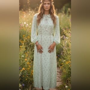 Vintage 70's Green Floral Maxi Prairie Dress Size S